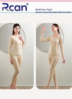 Rcan Women's Thermal Underwear Set Crew Neck Elasticity Long Sleeve Winter  Base Layer Bottom Shirt 2 Piece Slim Fit Fleece Lined Top and Pants  - Image 4