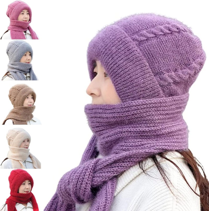 klarako Integrated Ear Protection Windproof Cap Scarf, Knitting Thickening Hat Scarf, Winter Warm Anticold Knitted One-Piece Scarf Cap (Purple) - Image 1