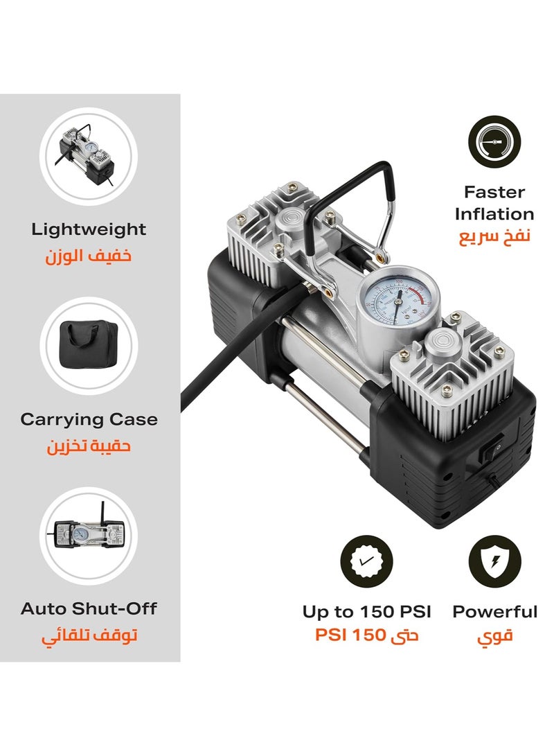 Generic Heavy duty 2-piston double cylinder car tire inflator and tire compressor with high brightness headlight and a bag for easy carrying and storage.  - Image 2