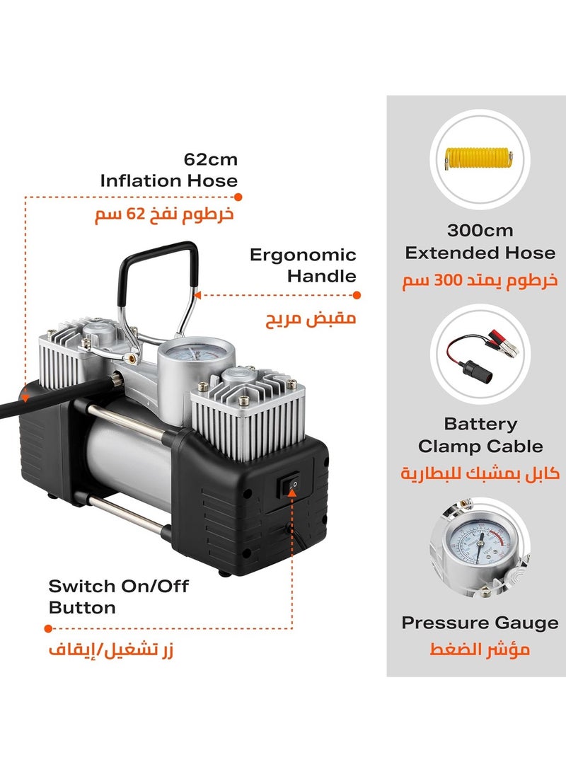 Generic Heavy duty 2-piston double cylinder car tire inflator and tire compressor with high brightness headlight and a bag for easy carrying and storage.  - Image 3