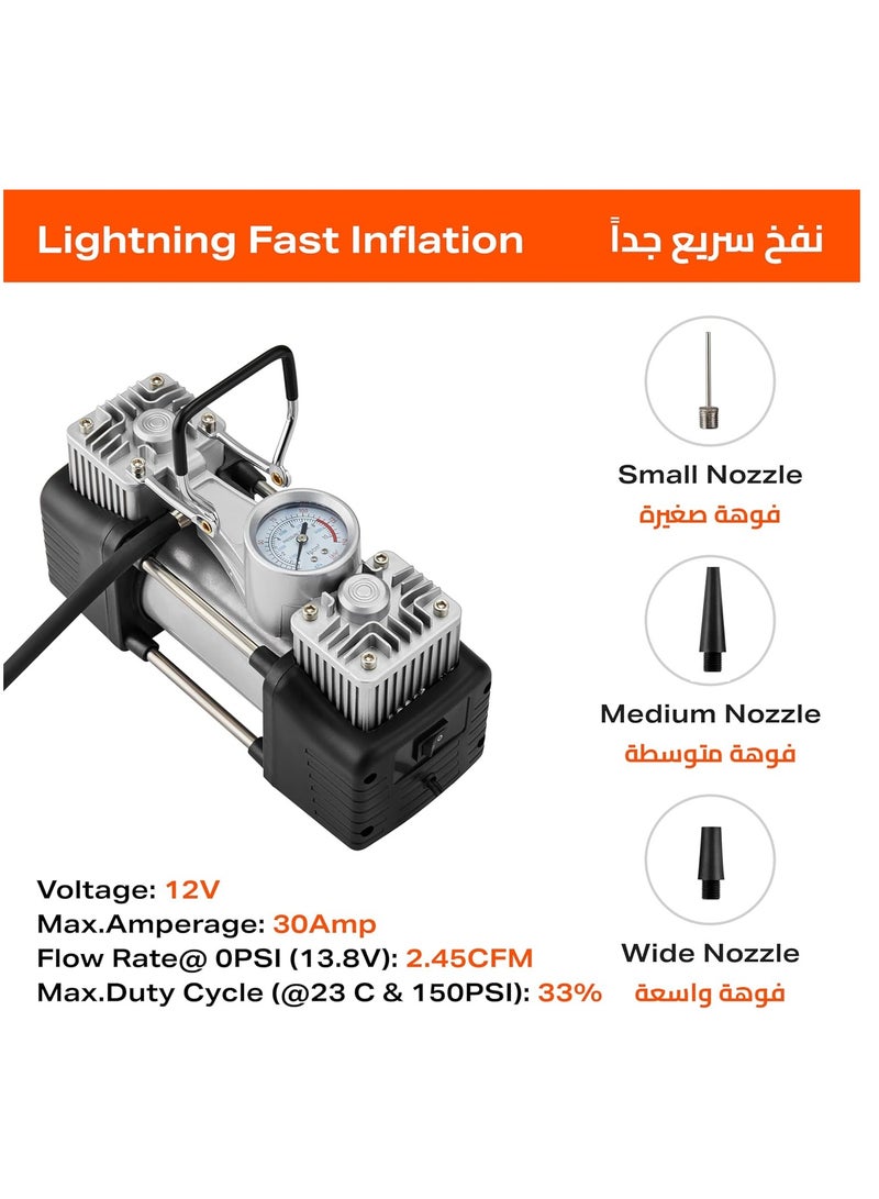 Generic Heavy duty 2-piston double cylinder car tire inflator and tire compressor with high brightness headlight and a bag for easy carrying and storage.  - Image 5
