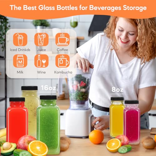 STARSIDE 8 oz Glass Juice Bottles with Lids 6 Pack - Square Reusable Drinking Jars for Juicing, Milk, Kombucha - Includes 1 Bottle Brush, 6 Colored Labels - Image 3