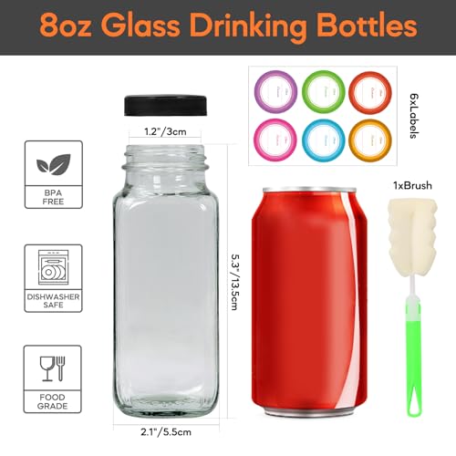 STARSIDE 8 oz Glass Juice Bottles with Lids 6 Pack - Square Reusable Drinking Jars for Juicing, Milk, Kombucha - Includes 1 Bottle Brush, 6 Colored Labels - Image 2