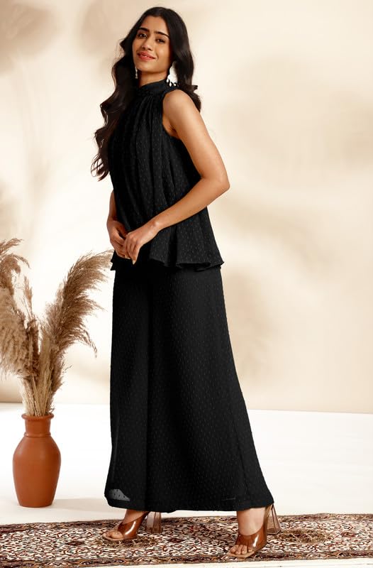 Janasya Women's Black Chiffon Woven Design Gathered Co-Ord Set (JAB24CD00490-XL) - Image 4
