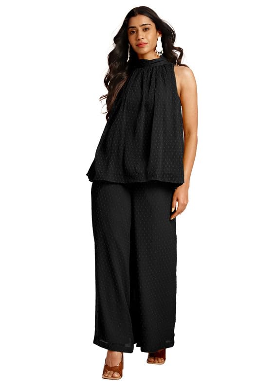 Janasya Women's Black Chiffon Woven Design Gathered Co-Ord Set (JAB24CD00490-XL) - Image 1