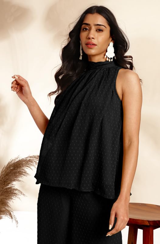 Janasya Women's Black Chiffon Woven Design Gathered Co-Ord Set (JAB24CD00490-XL) - Image 5
