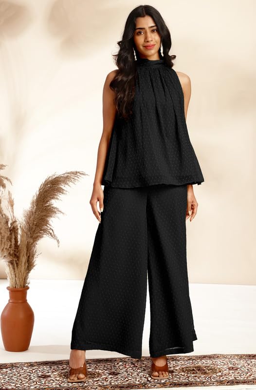 Janasya Women's Black Chiffon Woven Design Gathered Co-Ord Set (JAB24CD00490-XL) - Image 3