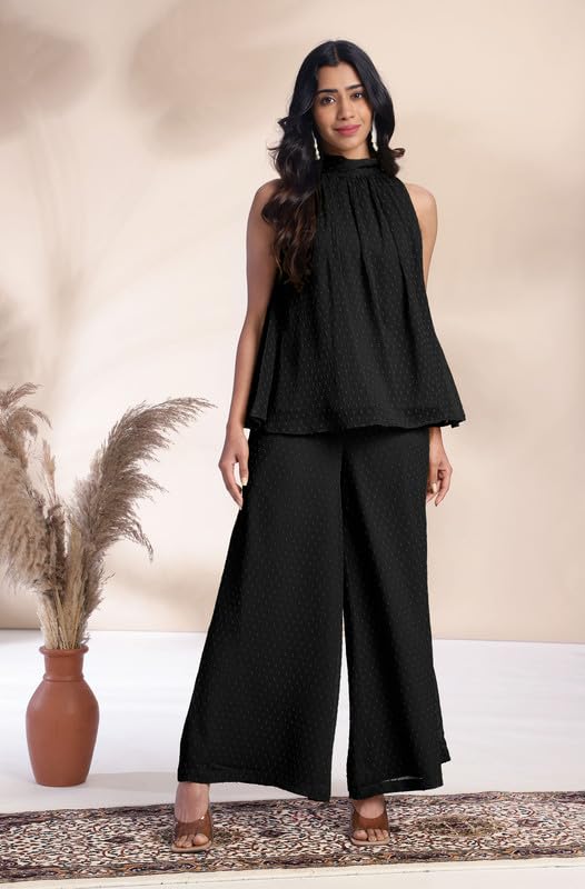 Janasya Women's Black Chiffon Woven Design Gathered Co-Ord Set (JAB24CD00490-XL) - Image 2