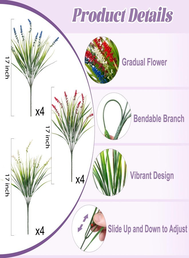 Ammyoo Artificial Faux Plants for Outdoor Spring Decoration, 12 Pcs Fake Monkey Grass for Garden Porch Balcony Planters, Fake Flowers Shrubs UV Resistant No Fade Plants Greenery Bush (Red Blue White) - Image 3