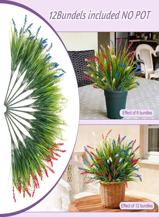 Ammyoo Artificial Faux Plants for Outdoor Spring Decoration, 12 Pcs Fake Monkey Grass for Garden Porch Balcony Planters, Fake Flowers Shrubs UV Resistant No Fade Plants Greenery Bush (Red Blue White) - Image 5