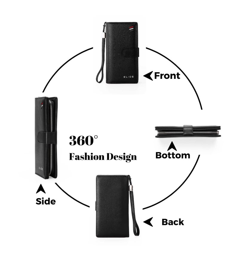 Elios Women's Large Capacity Pu Leather Snap Closure Clutch Wallet Card Phone Holder Organizer Ladies Purse With Wrist Strap, Black - Image 3