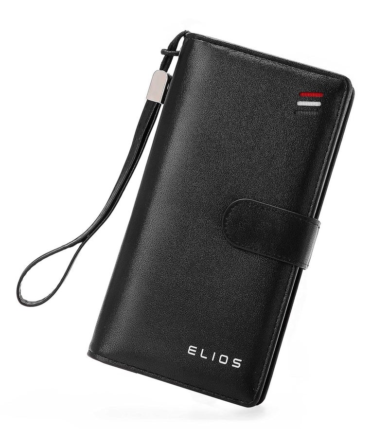 Elios Women's Large Capacity Pu Leather Snap Closure Clutch Wallet Card Phone Holder Organizer Ladies Purse With Wrist Strap, Black - Image 1
