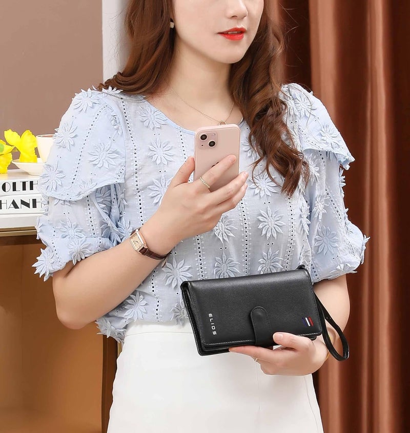 Elios Women's Large Capacity Pu Leather Snap Closure Clutch Wallet Card Phone Holder Organizer Ladies Purse With Wrist Strap, Black - Image 2