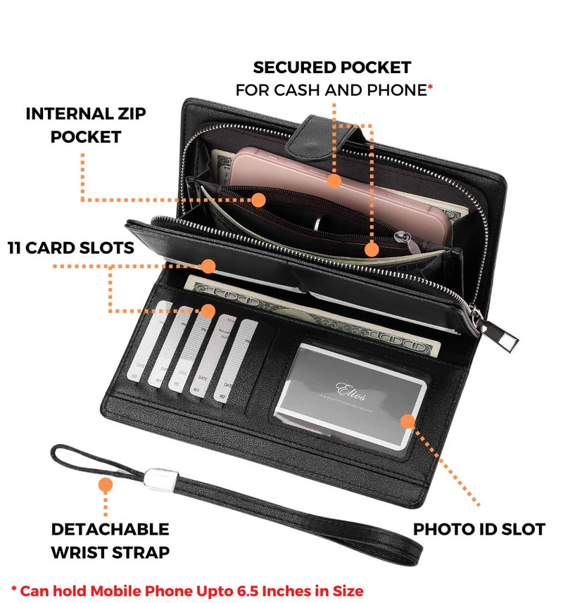 Elios Women's Large Capacity Pu Leather Snap Closure Clutch Wallet Card Phone Holder Organizer Ladies Purse With Wrist Strap, Black - Image 4