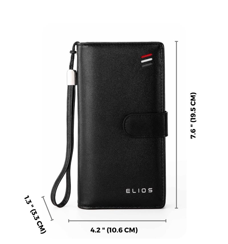 Elios Women's Large Capacity Pu Leather Snap Closure Clutch Wallet Card Phone Holder Organizer Ladies Purse With Wrist Strap, Black - Image 5