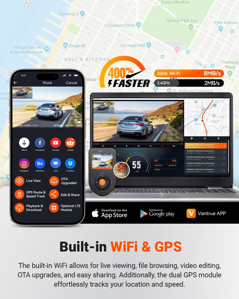 Vantrue S1 Pro 2.7K Dual Dash Cam Front and Rear, 5G WiFi 60FPS Hidden Dash Camera w/HDR Night Vision, STARVIS 2, Optional Remote Live View, GPS, Voice Control, 24/7 Parking Mode, Support 512GB Max - Image 4