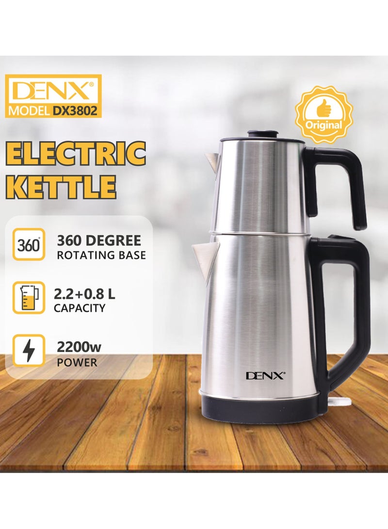 Denx Double Pot Electric Kettle, 2200W, with Removable Tea Filter, 2.2L Kettle Capacity, 0.8L Teapot, High-Speed ​​Tea Maker, Multifunctional Hot Water Dispenser, Turbo Kettle, DX3802 - Image 2