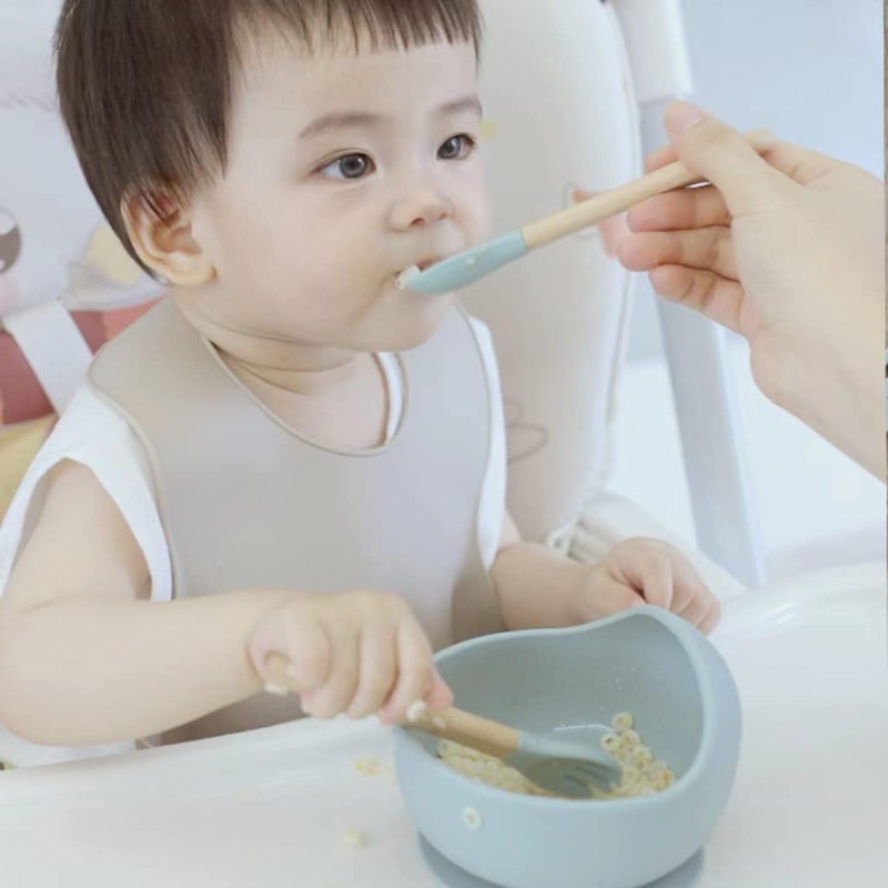 Ginbear Baby Bowls with Suction Silicone Bibs Self Feeding Spoons Led Weaning Supplies Toddler Eating Set for Ages 6 Months Hazy Green - Image 2