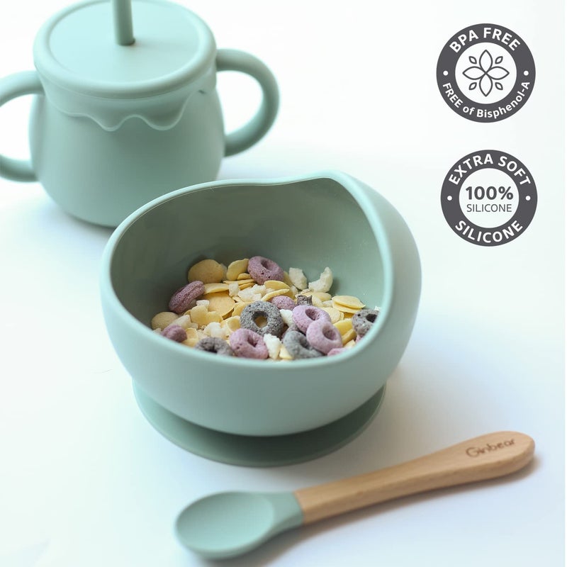 Ginbear Baby Bowls with Suction Silicone Bibs Self Feeding Spoons Led Weaning Supplies Toddler Eating Set for Ages 6 Months Hazy Green - Image 3