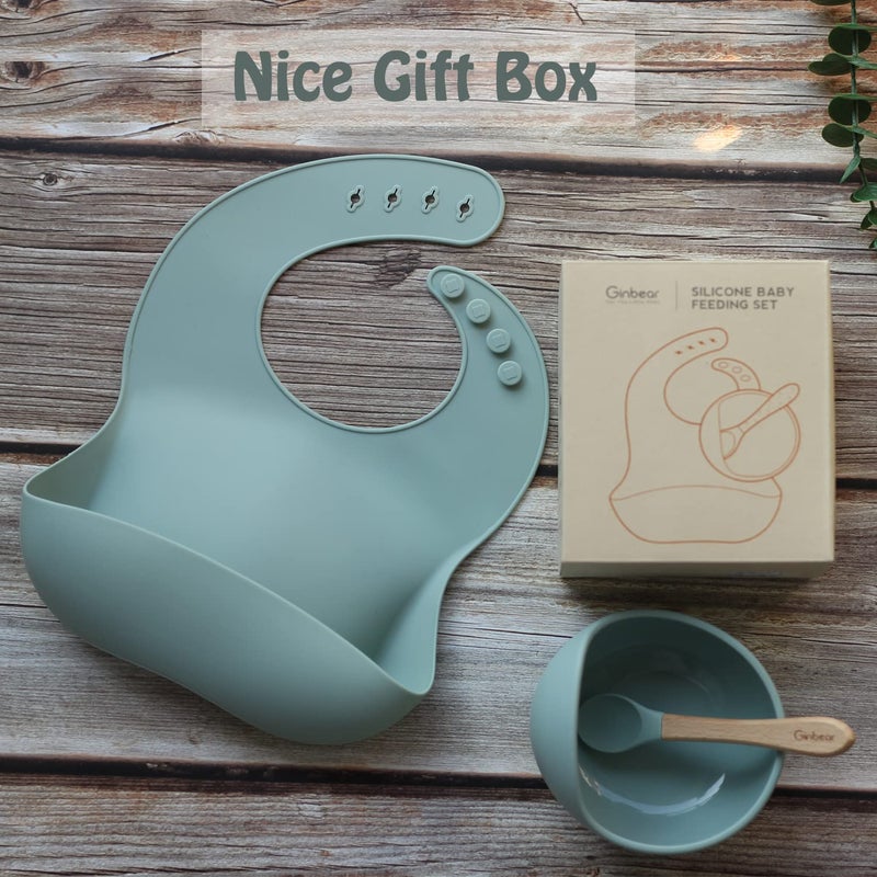 Ginbear Baby Bowls with Suction Silicone Bibs Self Feeding Spoons Led Weaning Supplies Toddler Eating Set for Ages 6 Months Hazy Green - Image 5