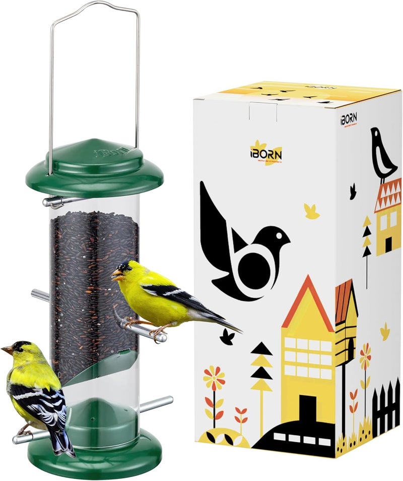طعام الطيور المعدني iBorn، مُعد لتغذية حبوب نيجر (Nyger Niger Seeds)، مناسب للعصافير من نوع الفينش (Finch) والجولدفينش (Goldfinch) وحبوب النباتات البرية، مصنوع من المعدن، بطول 8 بوصات ولون أخضر. - Image 1