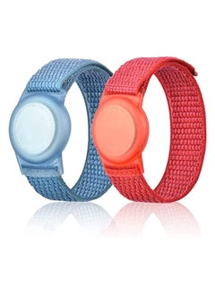 OIMG 2 Piece For Airtag Kids Wristband With Adjustable Nylon Strap Tracker Holder Protector Breathable Anti-Loss Bracelet For Toddler Child Elderly (Blue Red)  - Image 1