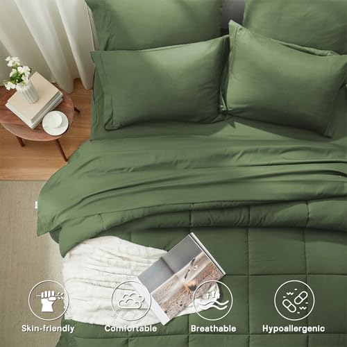 Anluoer Full Size Bed in a Bag 7 Pieces, Olive Green Bed Comforter Set with Sheets, All Season Bedding Sets with 1 Comforter,2 Pillow Shams,2 Pillowcases, 1 Flat Sheet,1 Fitted Sheet - Image 4