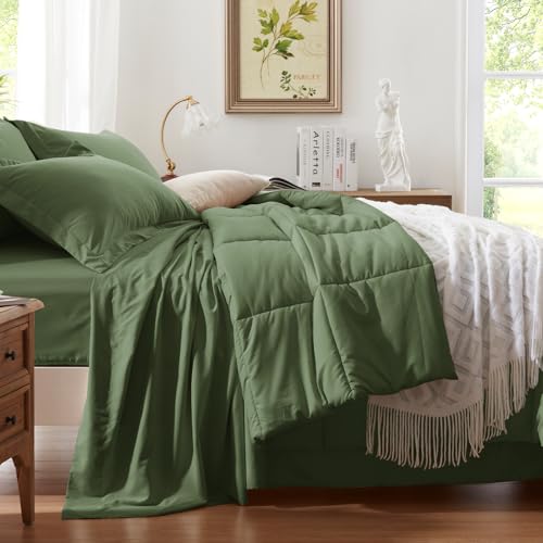 Anluoer Full Size Bed in a Bag 7 Pieces, Olive Green Bed Comforter Set with Sheets, All Season Bedding Sets with 1 Comforter,2 Pillow Shams,2 Pillowcases, 1 Flat Sheet,1 Fitted Sheet - Image 2