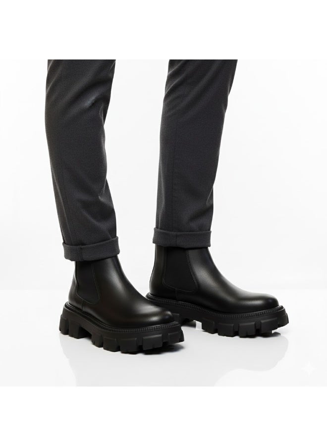 Men's casual, elegant leather boots with a wide, comfortable sole - black - Image 1