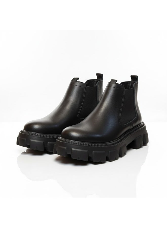 Men's casual, elegant leather boots with a wide, comfortable sole - black - Image 3