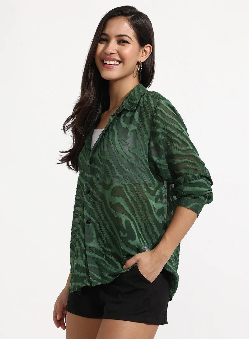 كامبوس سوترا Women's Forest Green Textured Sheer Shirt