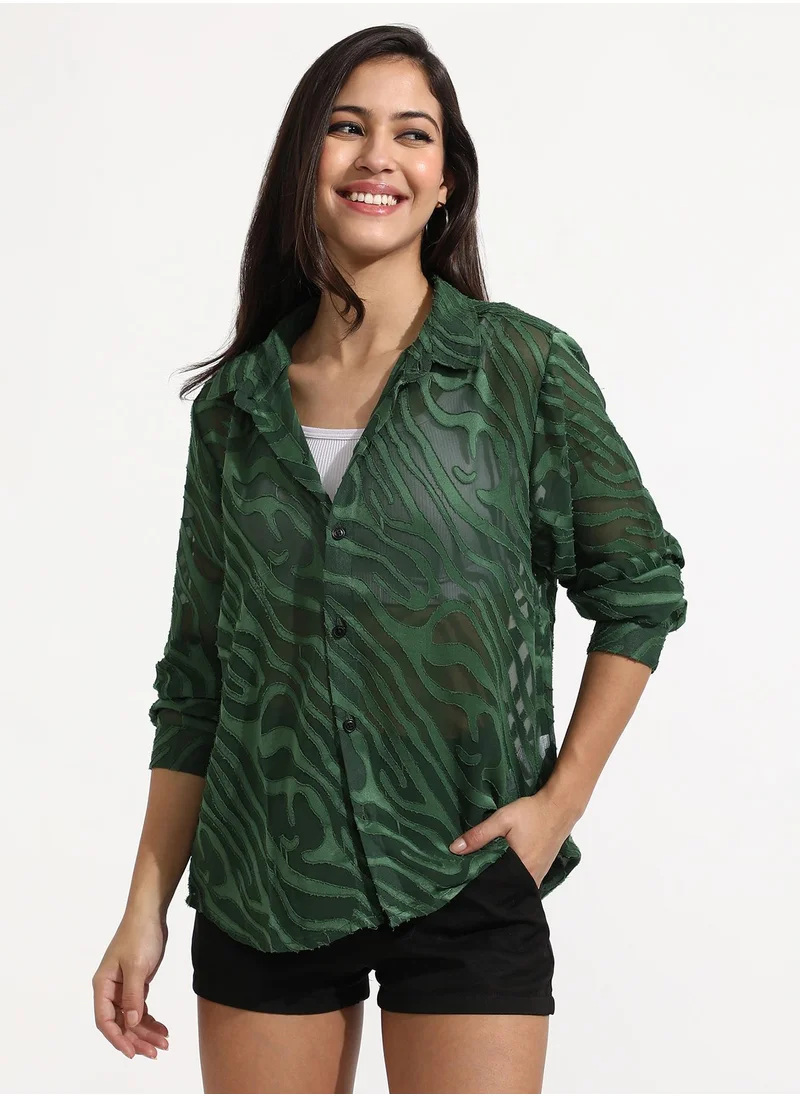 Campus Sutra Women's Forest Green Textured Sheer Shirt
