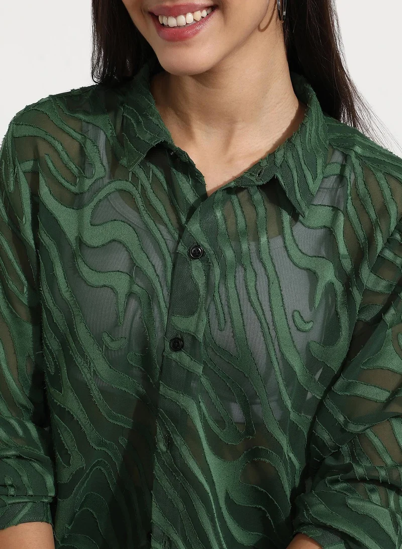 كامبوس سوترا Women's Forest Green Textured Sheer Shirt