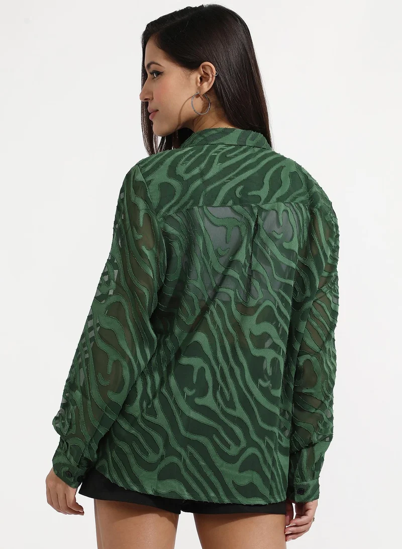 كامبوس سوترا Women's Forest Green Textured Sheer Shirt