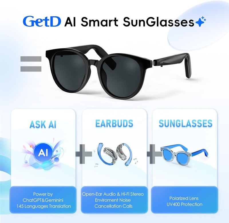 GetD 2026 New AI Glasses for Men & Women, Smart Sunglasses Powered by ChatGPT with 145-Language Translation, Bluetooth 5.4 Glasses, 11H Music/9H Call, UV400 & Polarized Lenses for Travel & Daily Use - Image 3