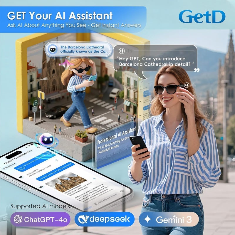 GetD 2026 New AI Glasses for Men & Women, Smart Sunglasses Powered by ChatGPT with 145-Language Translation, Bluetooth 5.4 Glasses, 11H Music/9H Call, UV400 & Polarized Lenses for Travel & Daily Use - Image 5