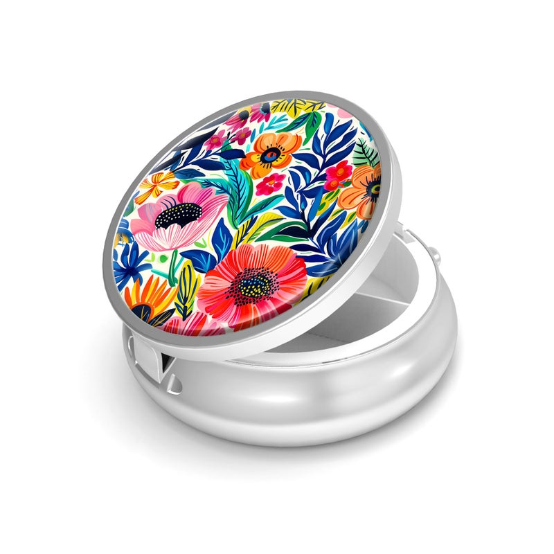 VANCANYOHO Pill Box-3 Compartment Small Pill Case for Purse & Pocket Mini Metal Pill Holder Travel Pill Container to Hold Supplements Vitamins BPA-Free (Garden Flower) - Image 1
