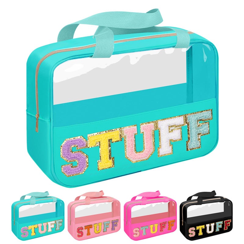 Iqimott Chenille Letter Patch Stuff Bag Preppy Clear Makeup Cosmetic Bag Large Toiletry Storage Tote Bag with Handle Transparent Nylon Waterproof Organizer Zipper Pouch for Travel Women GirlsGreen - Image 2