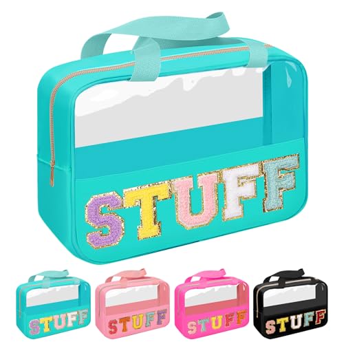 Iqimott Chenille Letter Patch Stuff Bag Preppy Clear Makeup Cosmetic Bag Large Toiletry Storage Tote Bag with Handle Transparent Nylon Waterproof Organizer Zipper Pouch for Travel Women GirlsGreen - Image 1