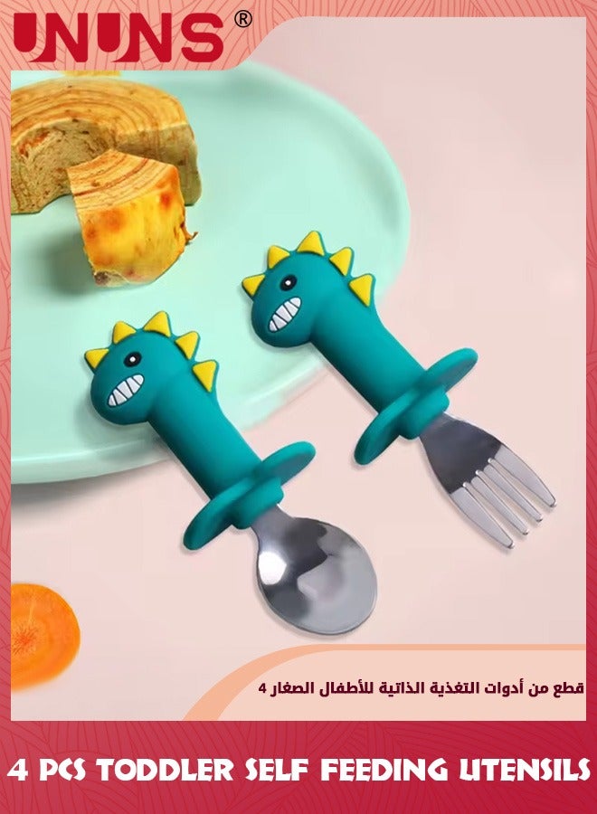 UNUNS Baby Flatware Sets,2 Set Toddler Utensils Feeding Tableware,Soft Silicone Forks and Spoons Cutlery Set,Cartoon Dino Handle And Anti Choke Design For Infant Babies 6-24 Months Trainer,Green Dino - Image 5