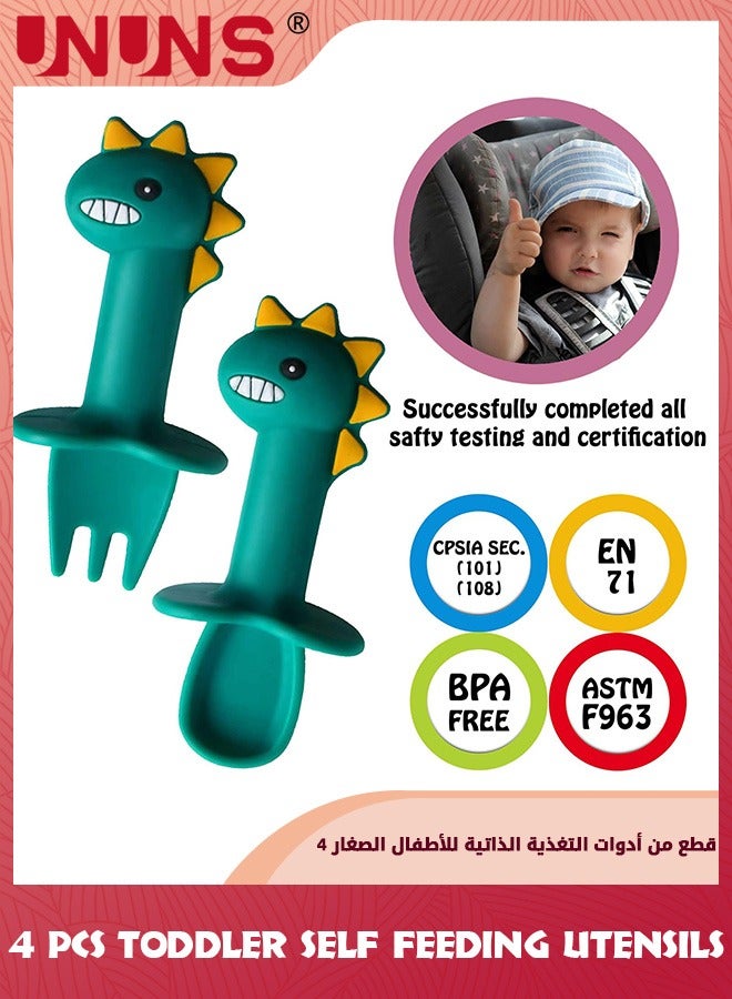 UNUNS Baby Flatware Sets,2 Set Toddler Utensils Feeding Tableware,Soft Silicone Forks and Spoons Cutlery Set,Cartoon Dino Handle And Anti Choke Design For Infant Babies 6-24 Months Trainer,Green Dino - Image 4