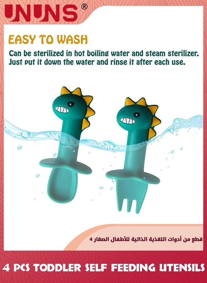 UNUNS Baby Flatware Sets,2 Set Toddler Utensils Feeding Tableware,Soft Silicone Forks and Spoons Cutlery Set,Cartoon Dino Handle And Anti Choke Design For Infant Babies 6-24 Months Trainer,Green Dino - Image 2