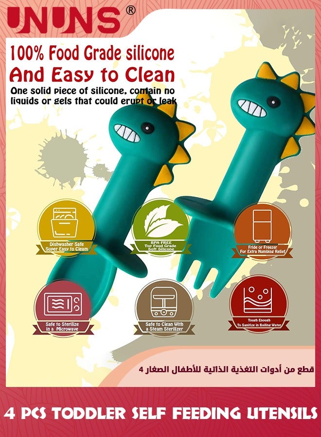 UNUNS Baby Flatware Sets,2 Set Toddler Utensils Feeding Tableware,Soft Silicone Forks and Spoons Cutlery Set,Cartoon Dino Handle And Anti Choke Design For Infant Babies 6-24 Months Trainer,Green Dino - Image 3