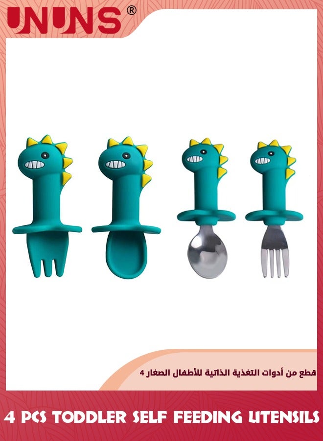 UNUNS Baby Flatware Sets,2 Set Toddler Utensils Feeding Tableware,Soft Silicone Forks and Spoons Cutlery Set,Cartoon Dino Handle And Anti Choke Design For Infant Babies 6-24 Months Trainer,Green Dino - Image 1