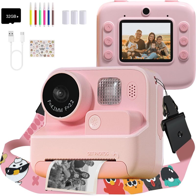 mafiti Kids Instant Print Camera, 48MP Digital With Zero Ink, Selfie 1080P Video, 32G TF Card, Toys Gifts for Girls Boys 3-12, Christmas/Birthday/Holiday (Pink) - Image 1