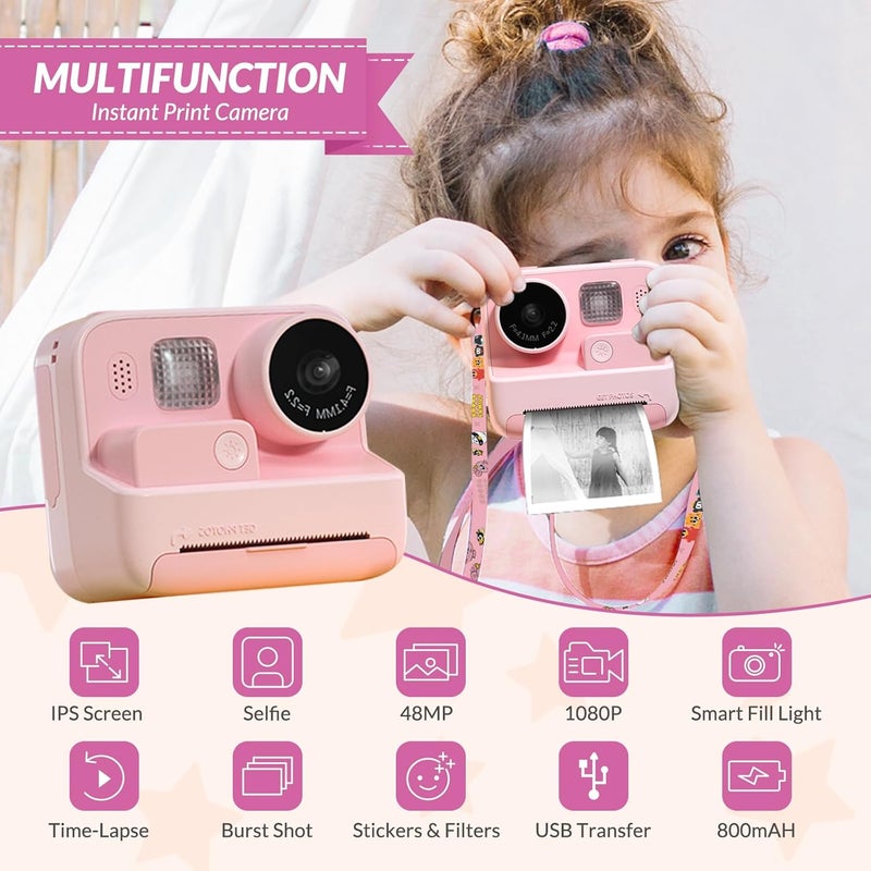 mafiti Kids Instant Print Camera, 48MP Digital With Zero Ink, Selfie 1080P Video, 32G TF Card, Toys Gifts for Girls Boys 3-12, Christmas/Birthday/Holiday (Pink) - Image 2