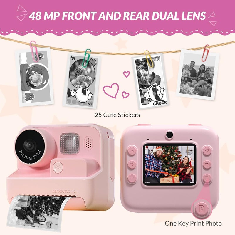 mafiti Kids Instant Print Camera, 48MP Digital With Zero Ink, Selfie 1080P Video, 32G TF Card, Toys Gifts for Girls Boys 3-12, Christmas/Birthday/Holiday (Pink) - Image 3