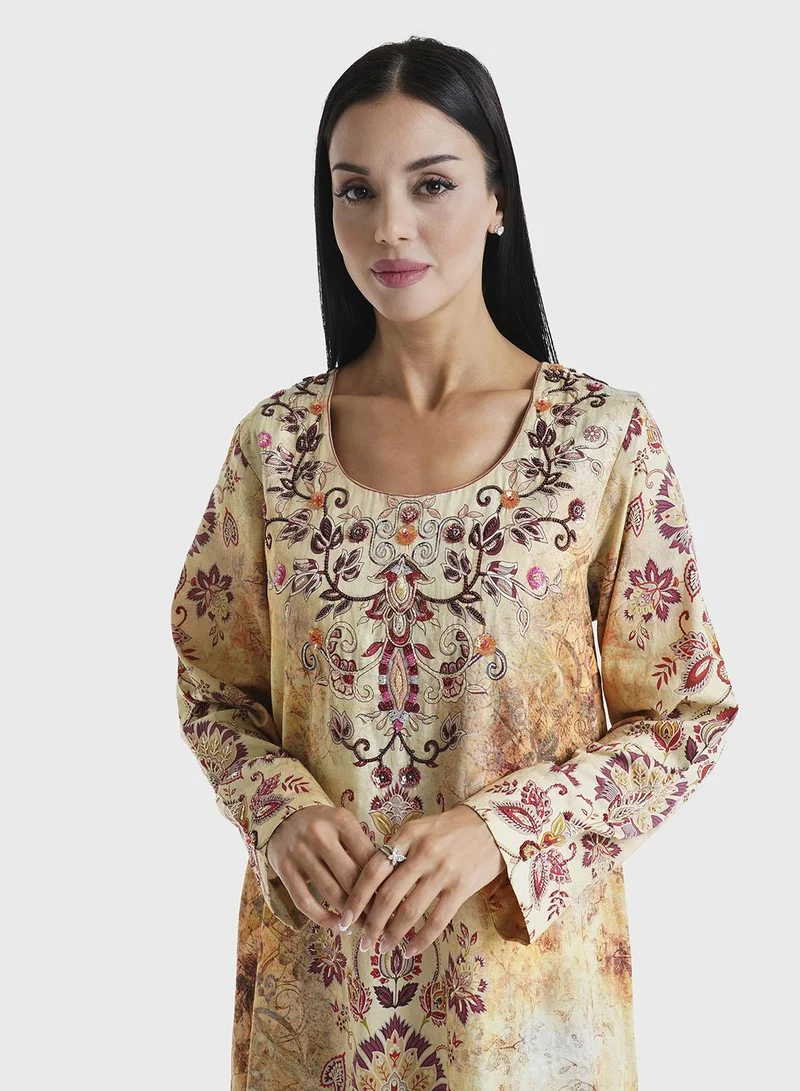 KASHKHA Gold Floral Printed Cotton Satin Hand Work Jalabiya (VDM866)