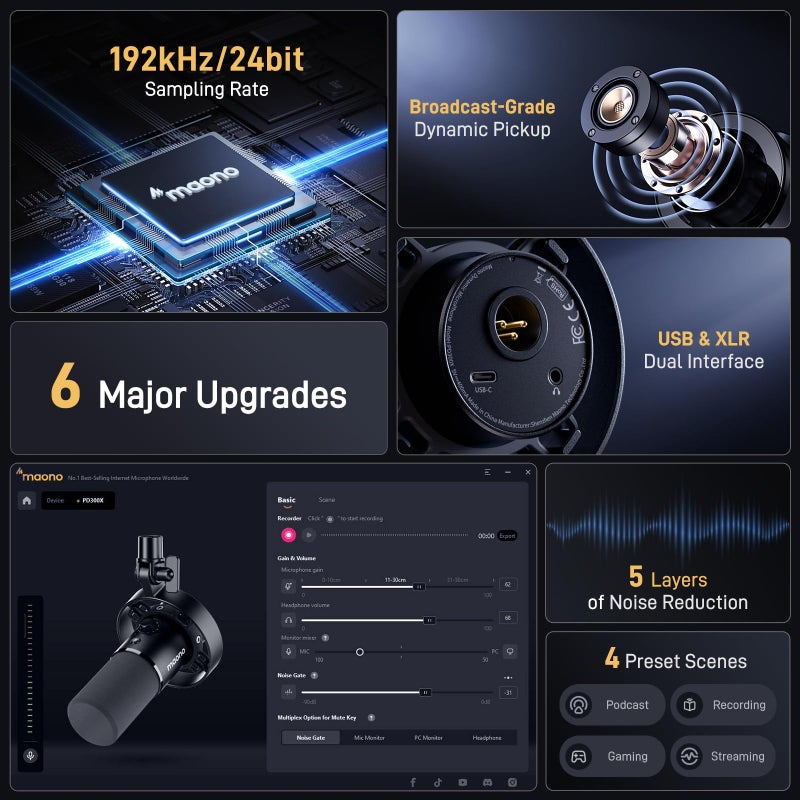 Maono ميكروفون ديناميكي MAONO - XLR USB لتسجيل البودكاست: لتسجيل الصوت، إنشاء المحتوى، الاستوديو المنزلي، التعليق الصوتي، مع 192kHz/24bit، تقليل الضوضاء، زيادة الميكروفون، المراقبة، كتم الصوت (PD300X) - Image 2