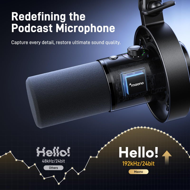 Maono ميكروفون ديناميكي MAONO - XLR USB لتسجيل البودكاست: لتسجيل الصوت، إنشاء المحتوى، الاستوديو المنزلي، التعليق الصوتي، مع 192kHz/24bit، تقليل الضوضاء، زيادة الميكروفون، المراقبة، كتم الصوت (PD300X) - Image 3